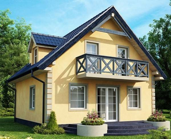25 fasad odnoetazhnogo doma s mansardoy s otdelkoy dekorativnoy shtukaturkoy svetlo zheltogo tsveta