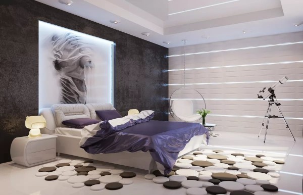 интересные дизайнерские ковры на полу в современной спальне