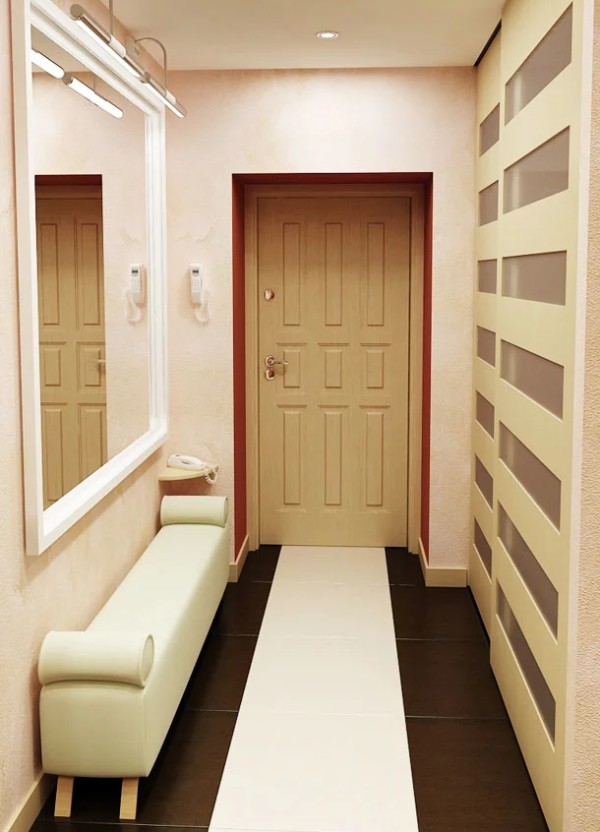 бежевые стены и коричневый пол как пример удачного дизайна коридора в квартире 