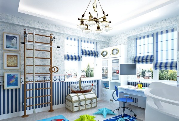 бело-голубые римские шторы в детской для мальчика