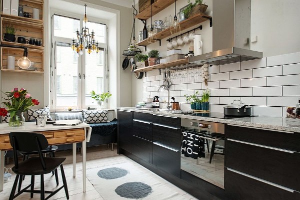 скандинавский стиль в интерьере чёрно-белой кухни 