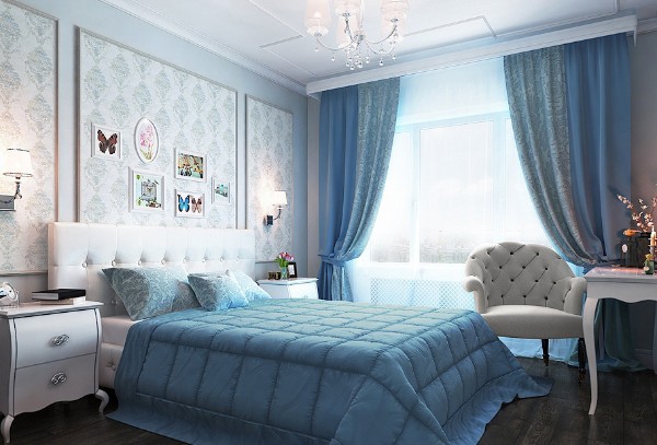 сочетание цветов в интерьере спальни белый голубой коричневый 