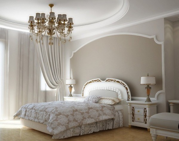 сочетание цветов в интерьере спальни оттенки бледно-бежевого белый элементы золотого 