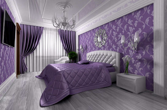 фиолетовый цвет в интерьере спальни 