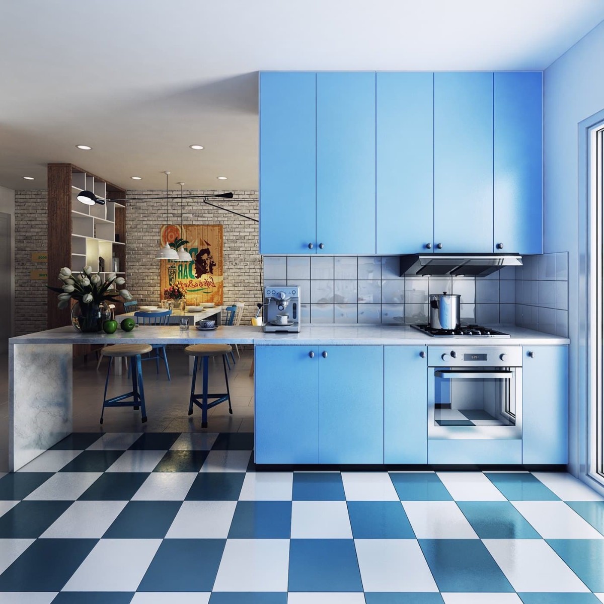 дизайн малогабаритной кухни в студии синий фон 