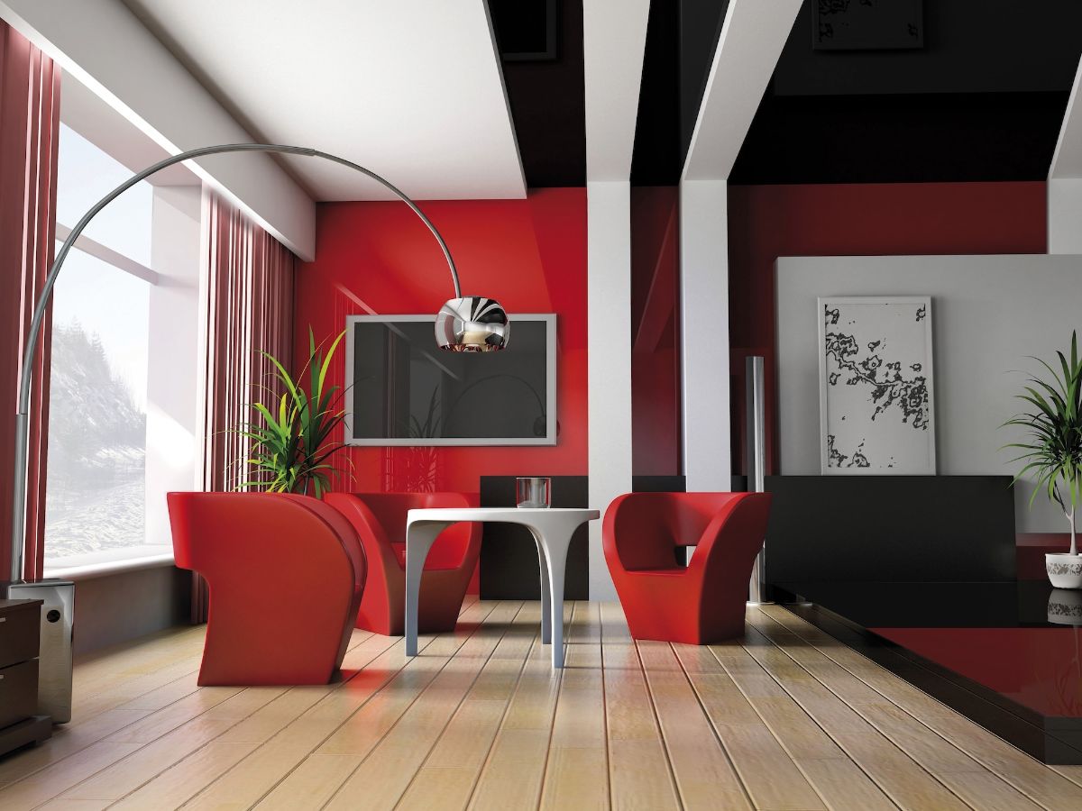 интерьер в ярких цветах гостиная в чёрно-красном цветовом решении 